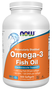 NOW Omega-3 Fish Oil, Molecularly Distilled 500 softgels 100-27-6508950-20 фото