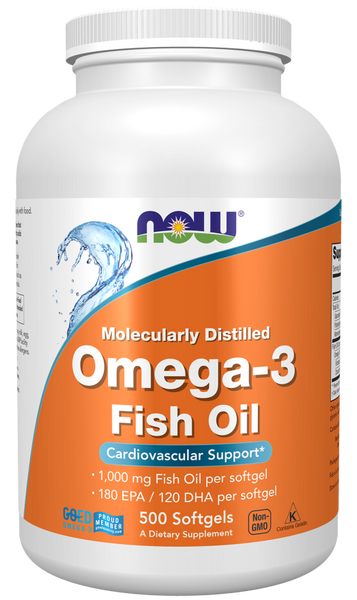 NOW Omega-3 Fish Oil, Molecularly Distilled 500 softgels 100-27-6508950-20 фото