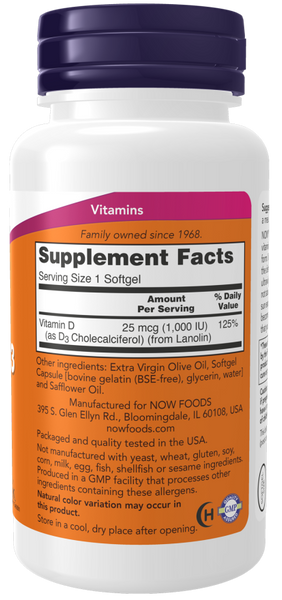 NOW Vitamin D-3 1000 IU 360 Softgels 2022-09-1190 фото