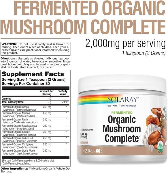 Solaray Fermented Organic Mushroom Complete 2000 mg 60г 2023-10-2140 фото