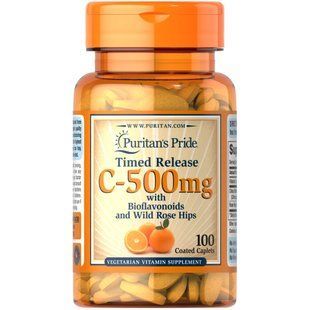Puritan's Pride Vitamin C-500 mg with Rose Hips Time Release 100 coated caplets 2023-10-6438 фото