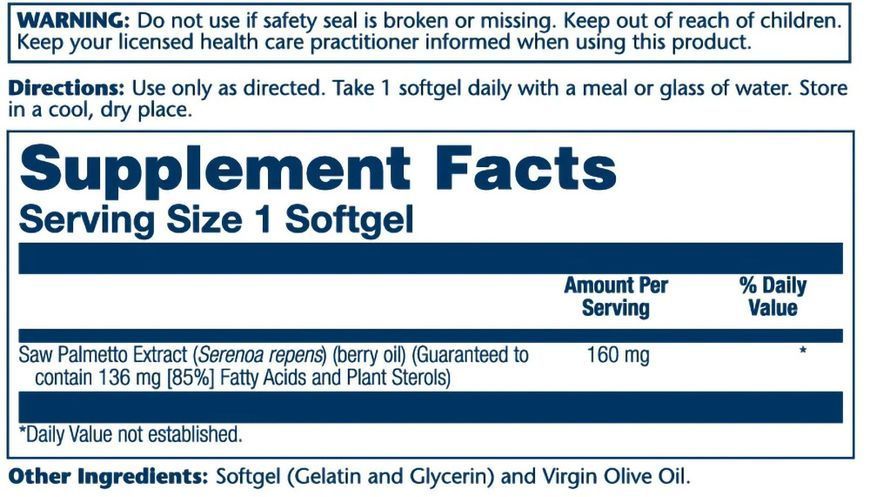 Solaray Saw Palmetto Berry Extract 160 mg 60 softgels 20195-01 фото