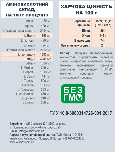 Willmax Mass Gainer Лайм 2кг 10566-02 фото