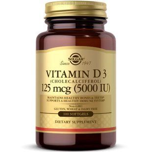 Solgar Vitamin D3 (Cholecalciferol) 125 mcg (5000 IU) 100 softgels 100-31-3430199-20 фото