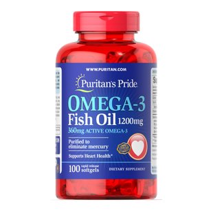 Puritan's Pride Omega-3 Fish Oil 1200 mg (360 mg Active Omega-3) 100 softgels 100-13-5213894-20 фото