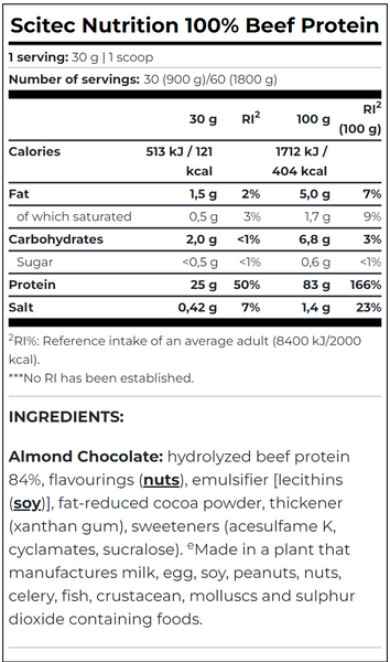 Scitec Nutrition 100% Beef Protein Шоколад Мигдаль 0,9кг 22460-01 фото